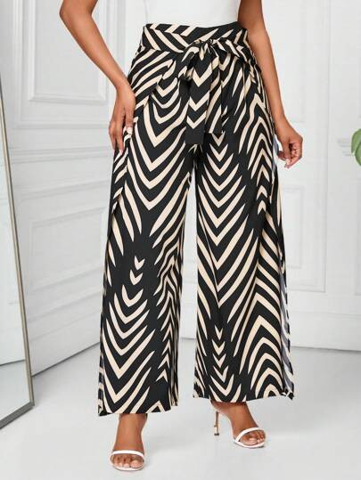 SHEIN Unity Geometric Print Contrast Color Wrap-Around Tie Bow High Waist Women's Wide Leg Pants Fall Cloth For Women | SHEIN