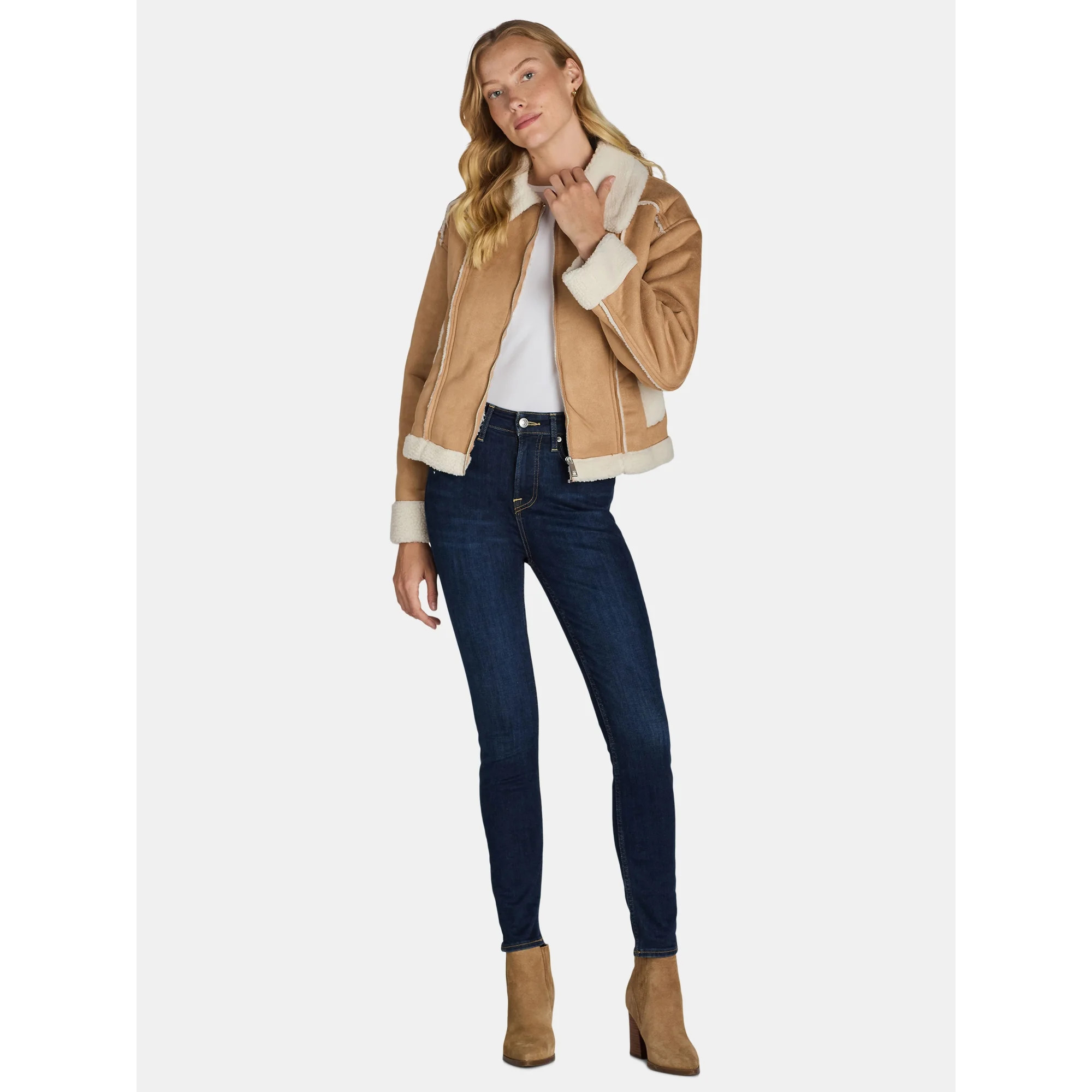 Time and Tru Women's and Women's Plus Bonded Faux Shearling Bomber Jacket, Sizes XS-3X | Walmart (US)