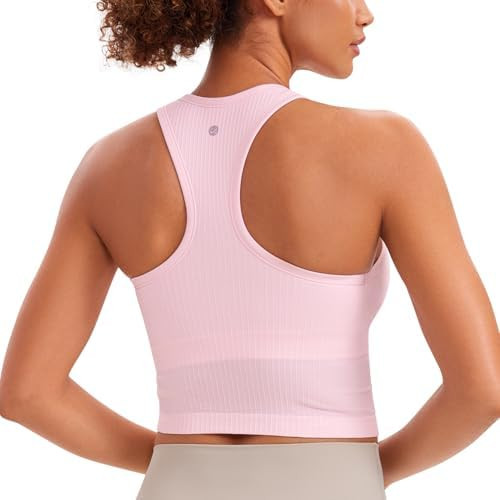 CRZ YOGA Seamless Ribbed High Neck Crop Tank Tops for Women - Longline Racerback Padded Sports Br... | Amazon (US)