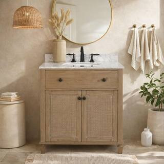 Annie 30 in. Bath Vanity in Weathered Fir with Marble Vanity Top in Carrara White with White Basi... | The Home Depot