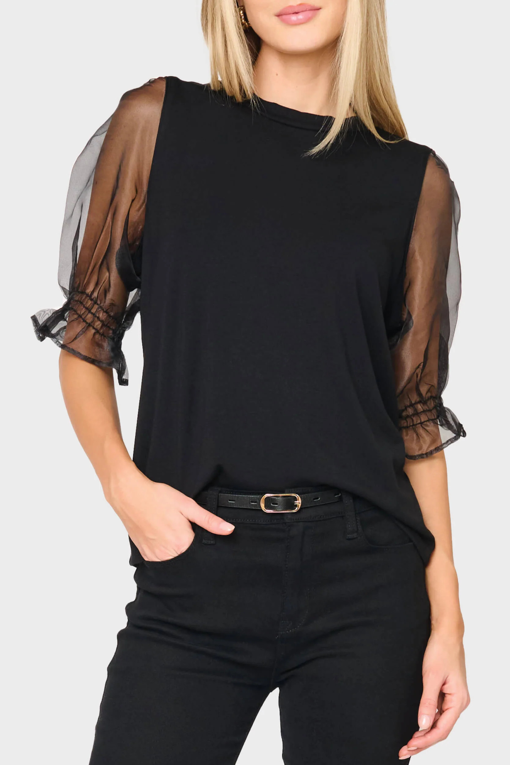 Organza Puff Sleeve Soft Ponte Top | Gibson