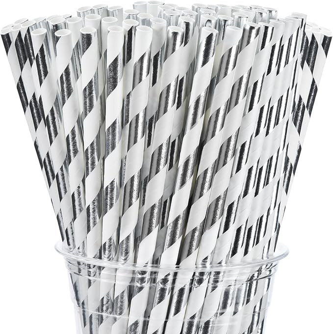 ALINK 100 Silver and White Striped Paper Straws, Biodegradable Disposable Drinking Straws for Chr... | Amazon (US)