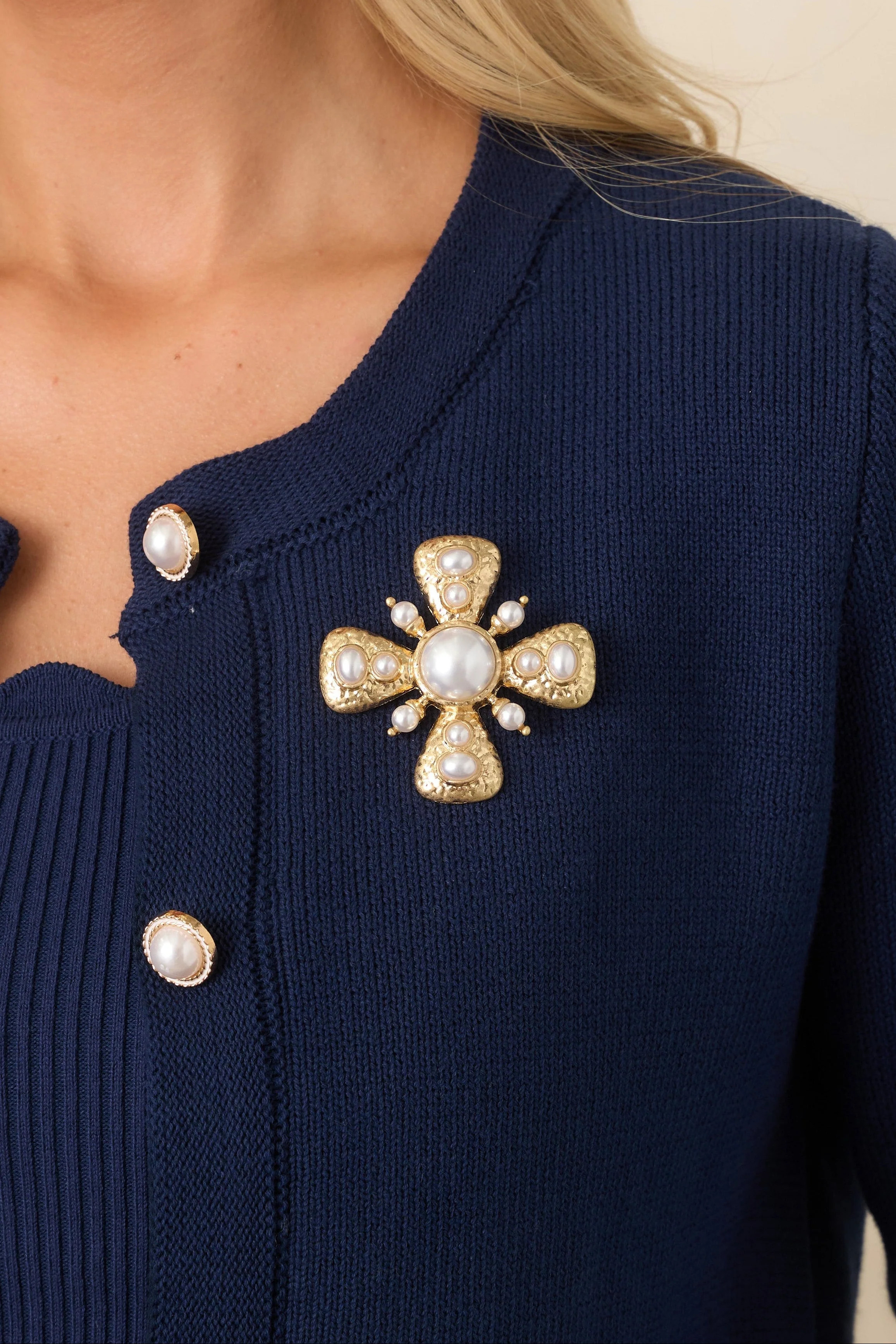 Sweet Surrender Gold Faux Pearl Brooch | Red Dress