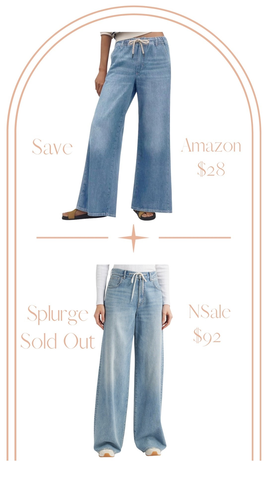 Save vs splurge these drawstring, wide leg jeans from the Nordstrom anniversary sale sold out super fast! Luckily, I found a similar pair for a fraction of the price! 

#LTKFindsUnder50 #LTKSaleAlert #LTKStyleTip
