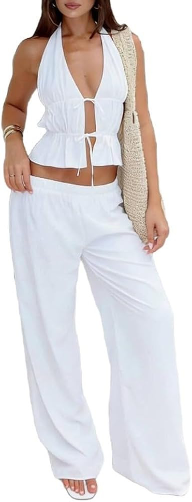 Casual Two Piece Set For Women Halter V Neck Vest Loose Wide Leg Pants 2025 Travel Vacation Airpo... | Amazon (US)