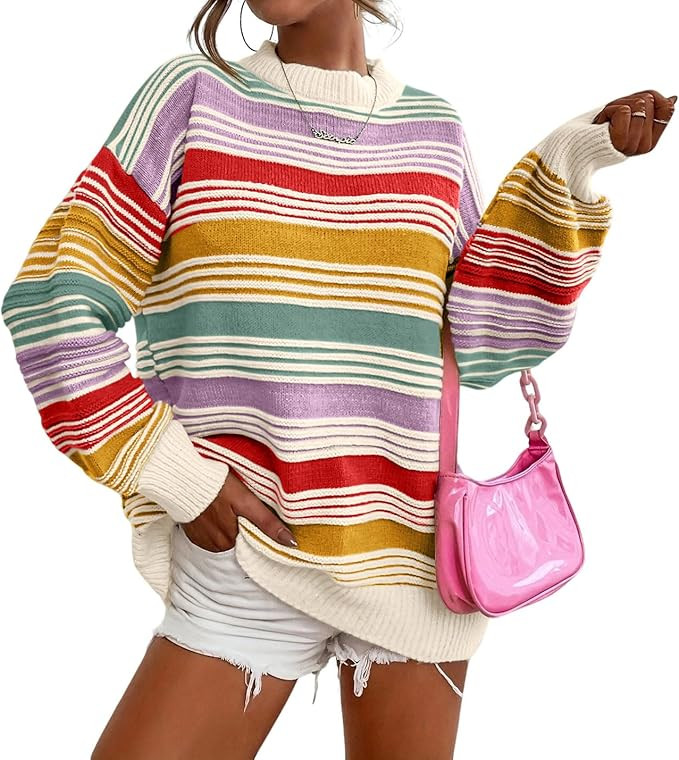 CHARTOU Women Contrast Striped Pullover Sweater 2025 Fall Outfits Oversized Knit Jumper Tops | Amazon (US)