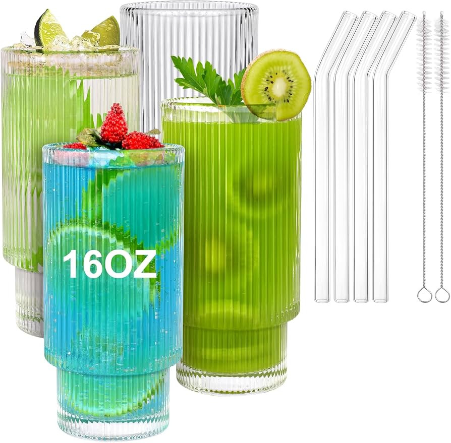16OZ Ribbed Glassware, Ribbed Glass Cups with Straws, Drinking Glasses Set of 4, Vintage Fluted G... | Amazon (US)