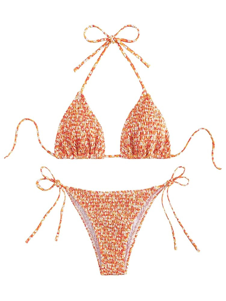 COZYEASE Women's 2 Piece Floral Bikini Sets Smocked Drawstring Side Triangle Halter Sexy Cute Swi... | Amazon (US)