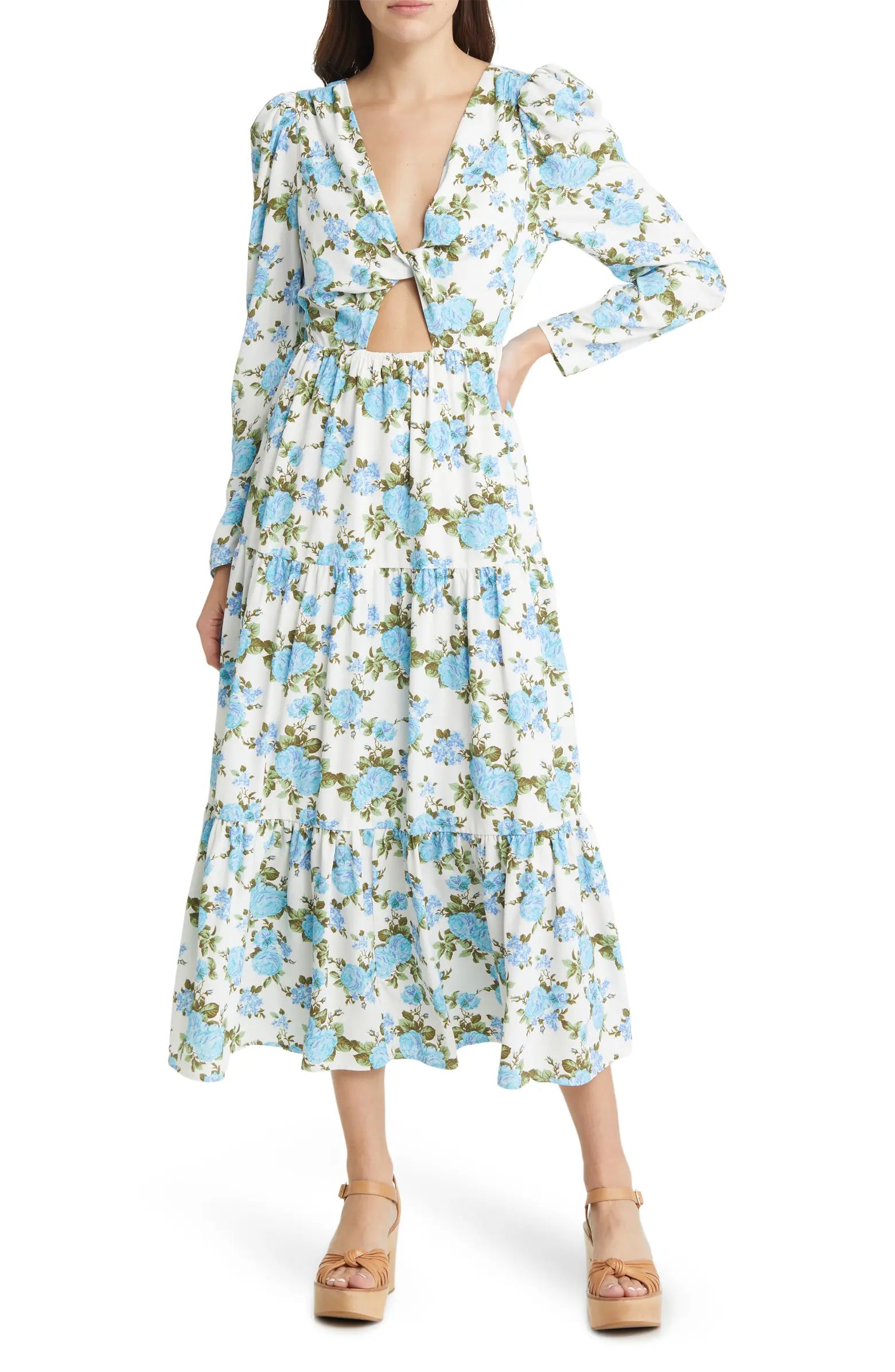 Charles Henry Floral Twist Front Cutout Long Sleeve Midi Dress | Nordstrom | Nordstrom