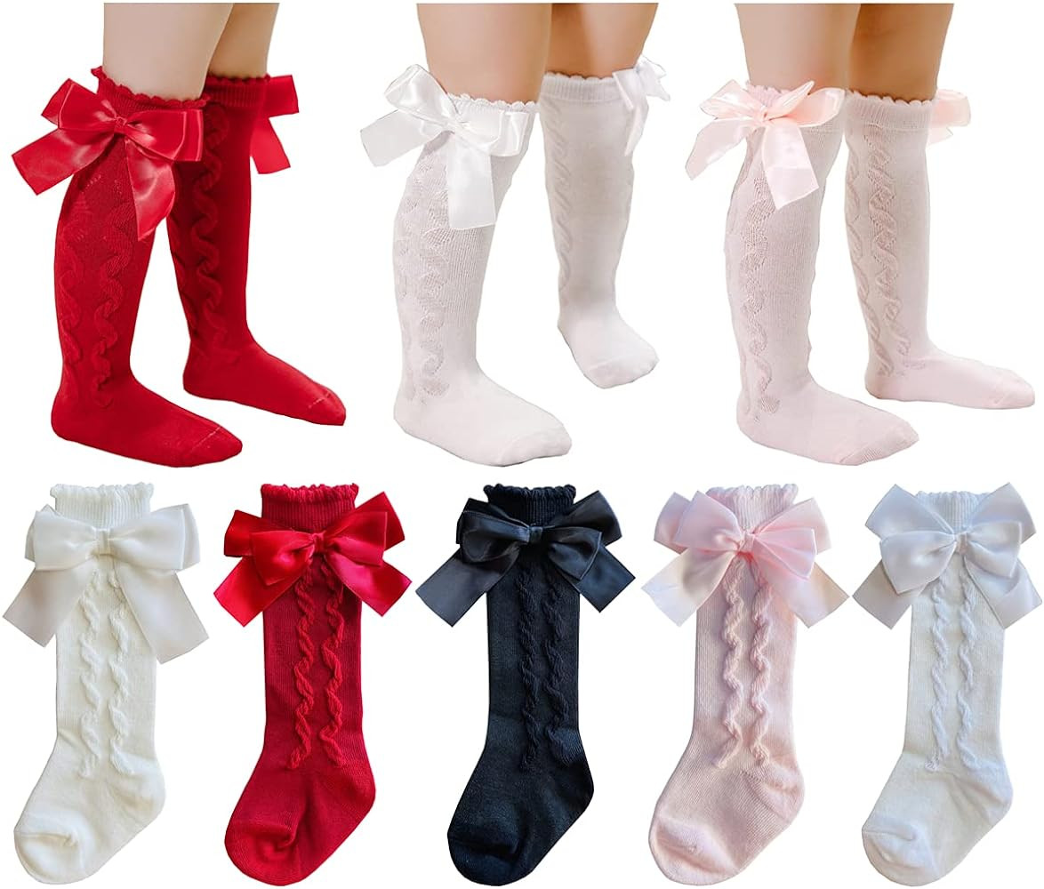 QandSweet Baby Girl Knee-High Socks Toddlers Bow Stockings Newborn Infant Non-Slip Sock | Amazon (US)