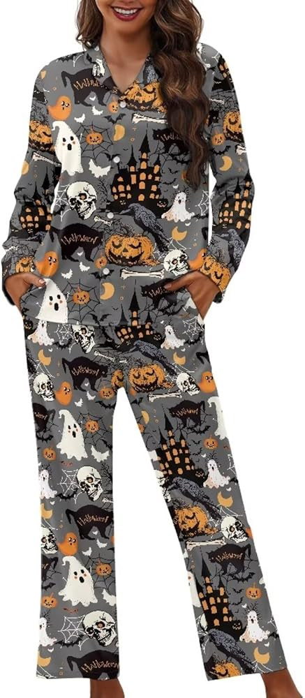 Halloween Pajamas Womens Pajama Sets Button Down Pjs WomanSleepwear Soft Pj Lounge Sets | Amazon (US)