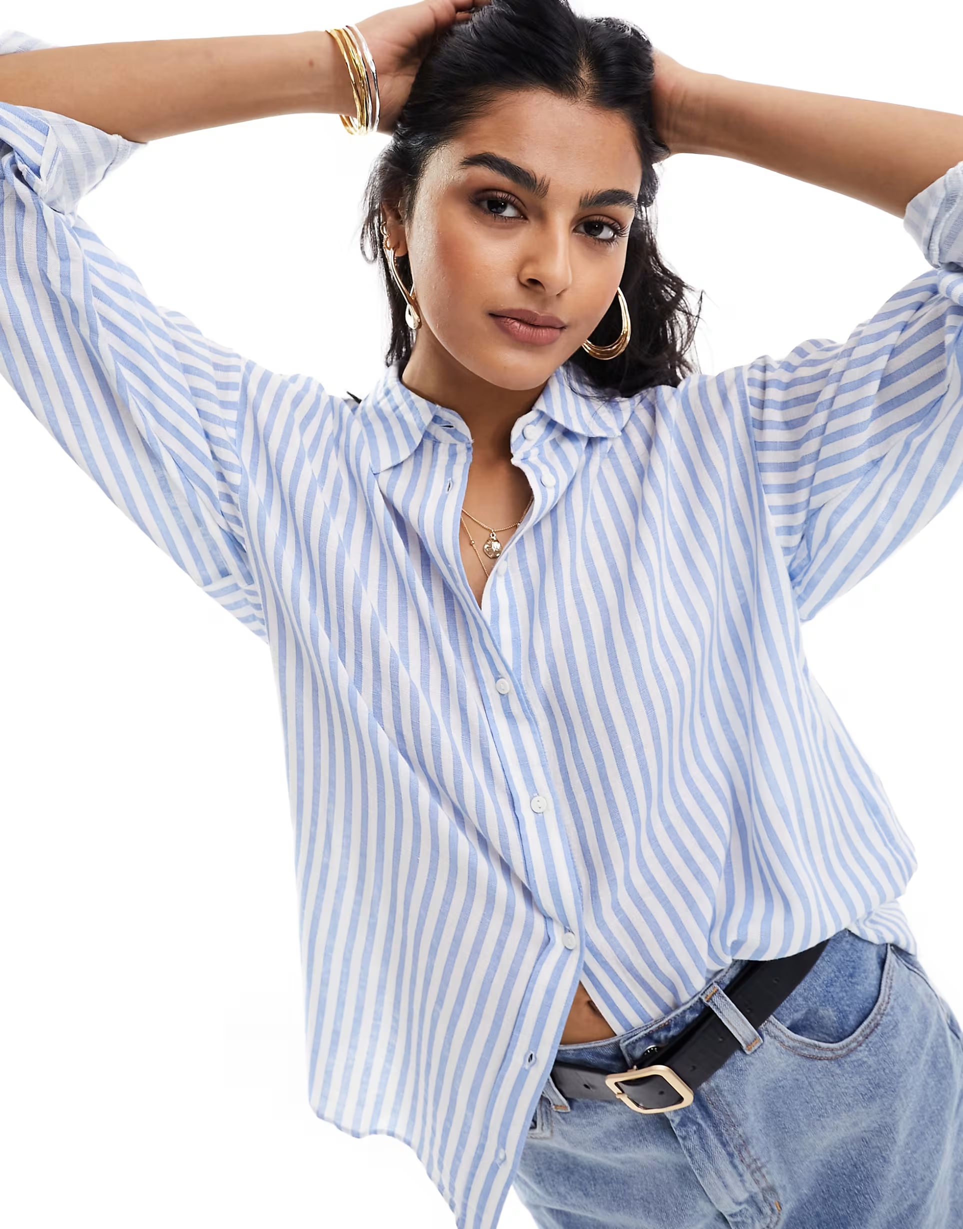 Stradivarius relaxed fit linen look stripe shirt in light blue | ASOS (Global)