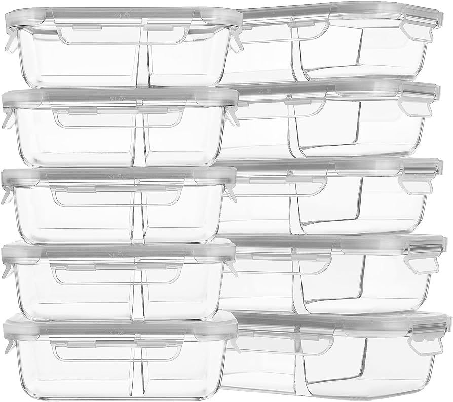 HOMBERKING 10 Pack Glass Meal Prep Containers 2 Compartment, Glass Food Storage Containers with L... | Amazon (US)