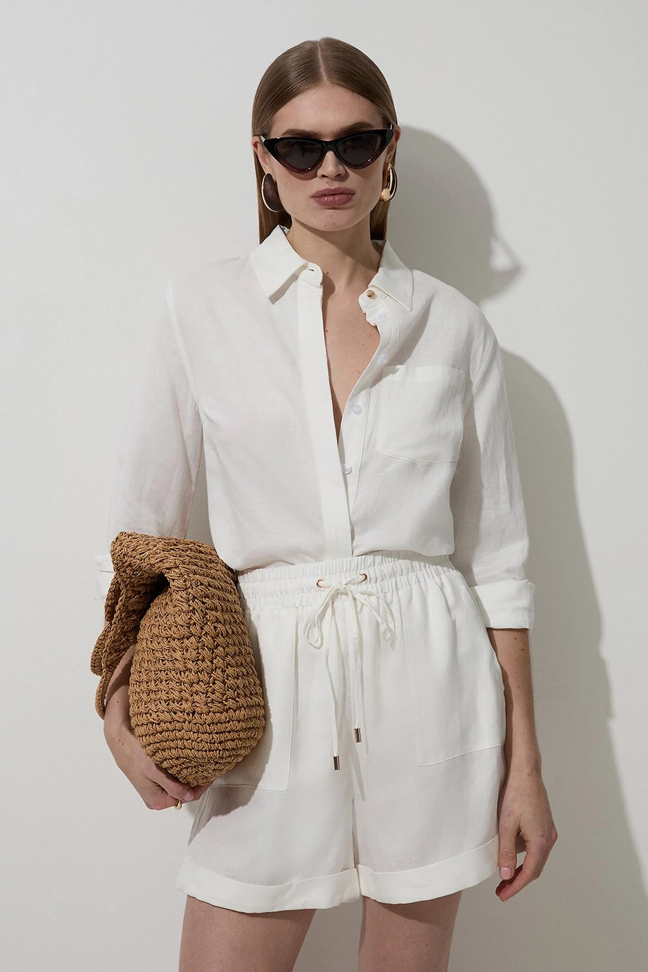 Viscose Linen Tie Waist Woven Short | Karen Millen UK + IE + DE + NL