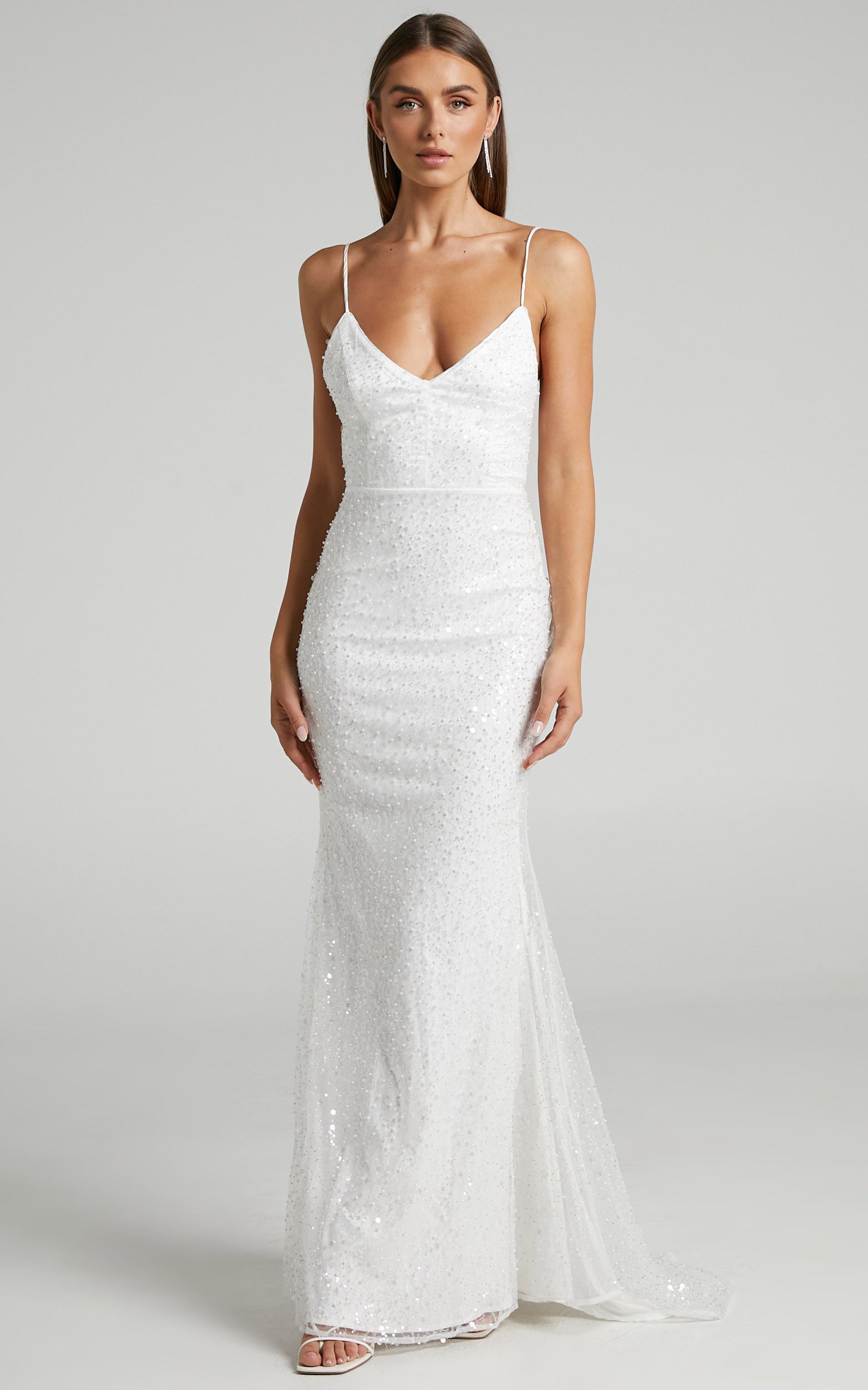 Leauna Bridal Gown - V Neck Embellished Tulle Gown in Ivory | Showpo (US, UK & Europe)