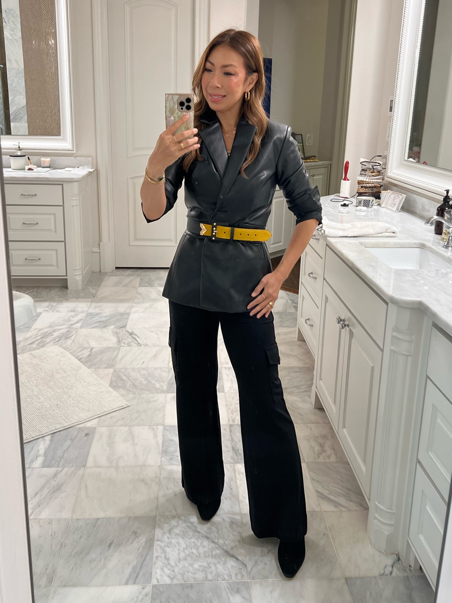 Cabi vegan leather blazer & wide leg cargo pants (size XS in both) 🤎🖤 Great work or going out outfit  #styleofsam #cabiclothing 

#LTKworkwear #LTKover40 #LTKstyletip