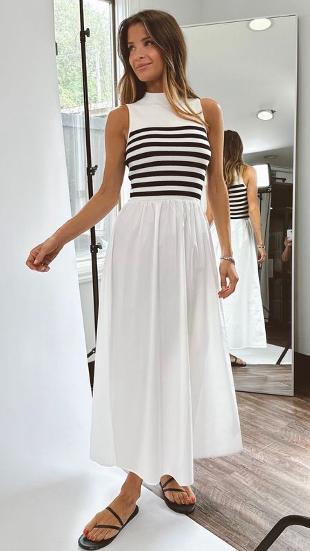 Shop Naomi Olindo's  Black & White Sleeveless Striped Maxi Dress under $100 

#LTKfindsunder100 #LTKwedding #LTKstyletip