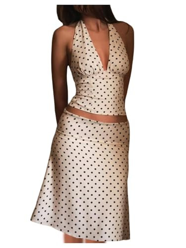 Milumia Women's Polka Dots Two Piece Set Deep V Neck Halter Crop Top Midi Skirt Sets Matching Sets Apricot X-Large | Amazon (US)