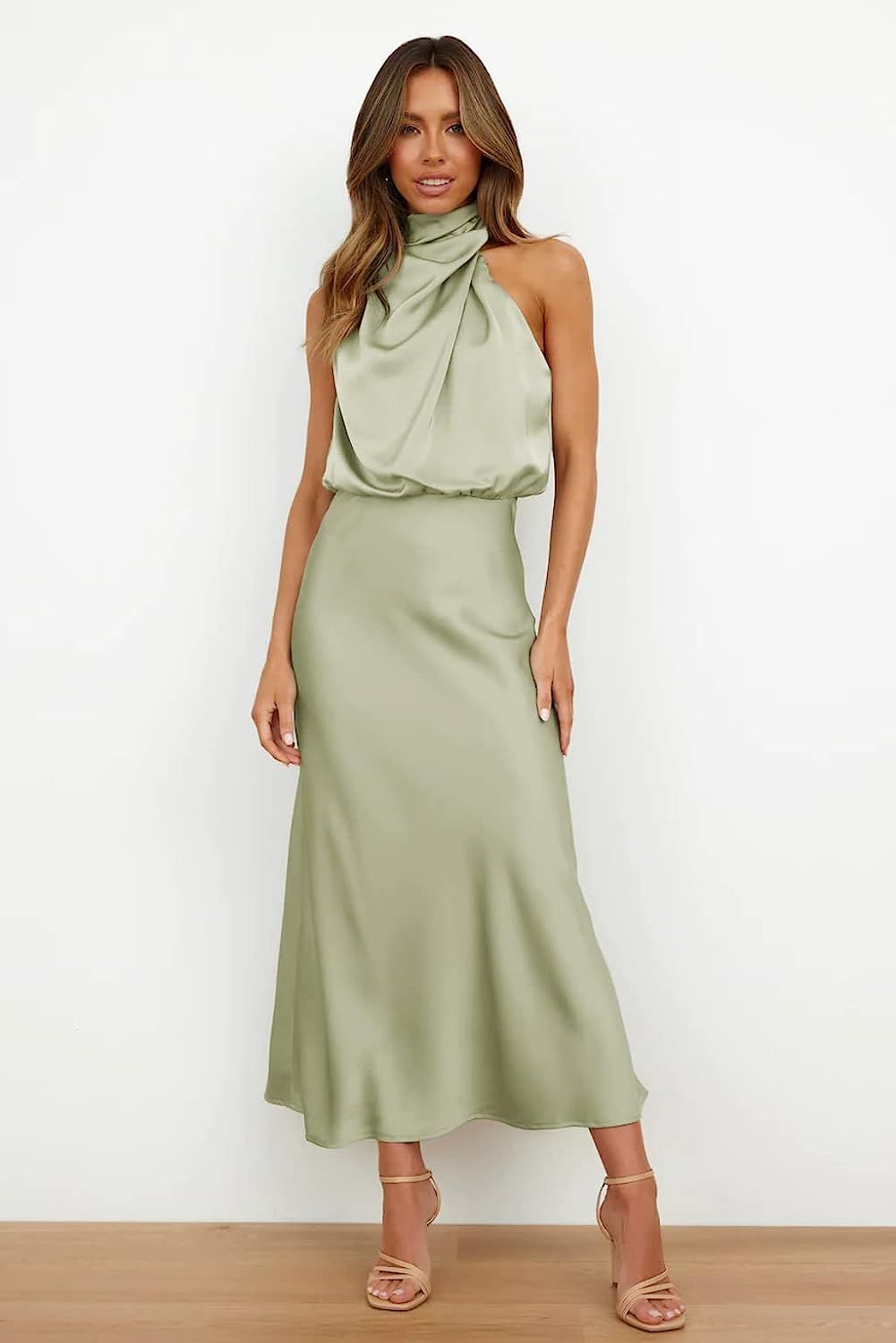 Satin Sleeveless Dress Elegant Lightweight Mock Neck Dress Women Maxi Dress Evening Long Dress Ha... | Amazon (US)