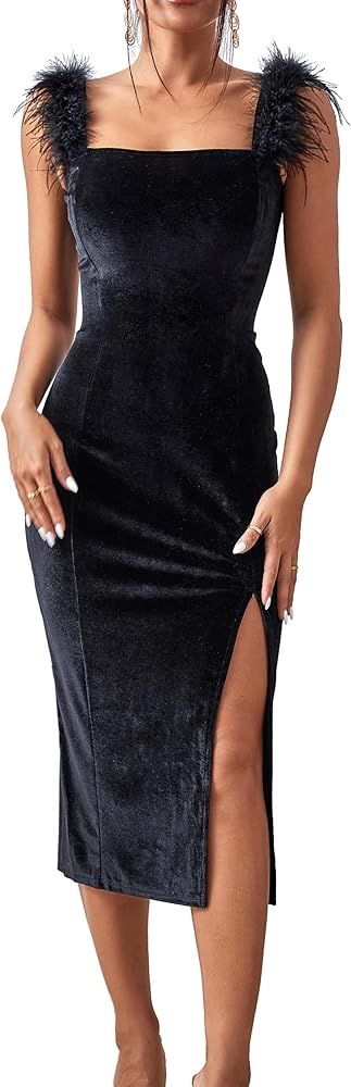 Women's Velvet Split Bodycon Feather Zipper Back Cocktail Party Dress | Amazon (US)
