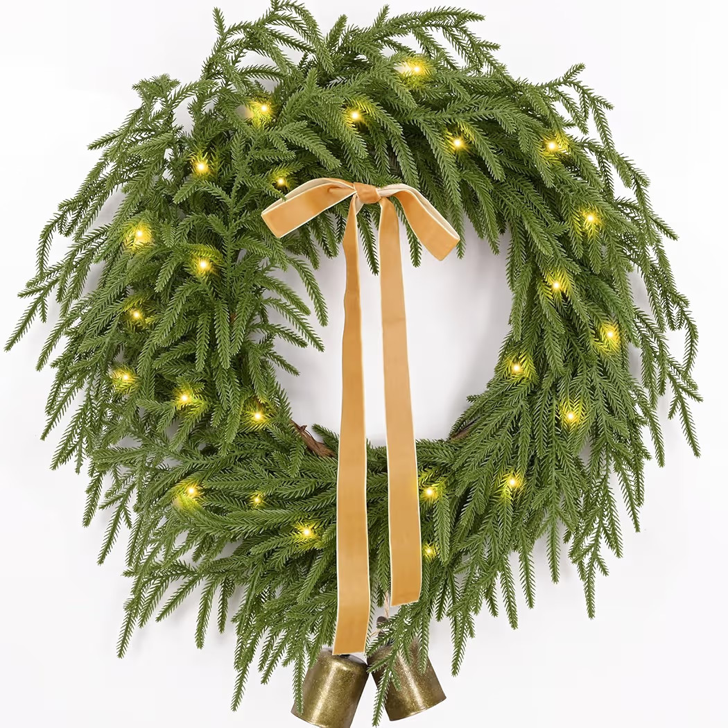 Christmas Wreath -24 Inch Real Touch Norfolk Pine Wreath for Front Door, Christmas Wreath with Li... | Amazon (US)