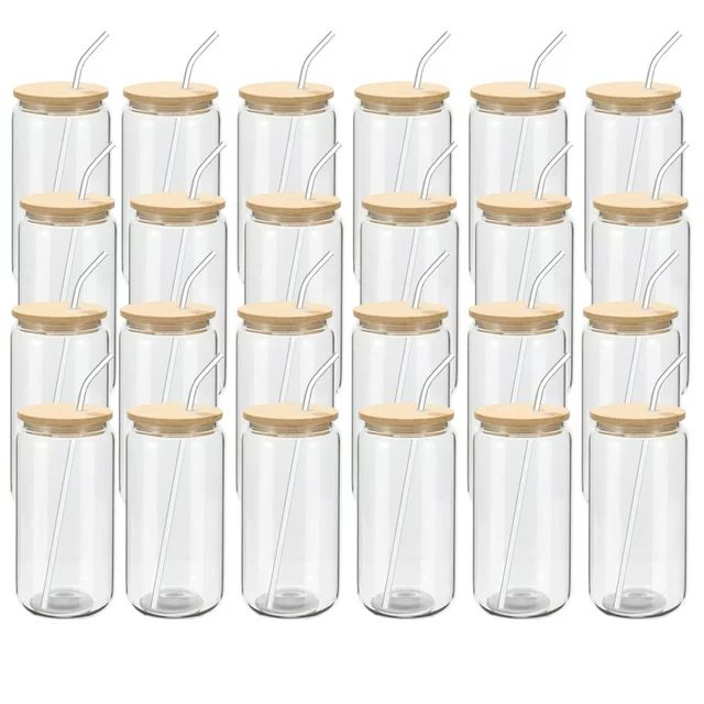 24 Pack Beer Glass Cups with Bamboo Lids and Glass Straws Beer Can Shaped Drinking Glasses Cups 1... | Walmart (US)