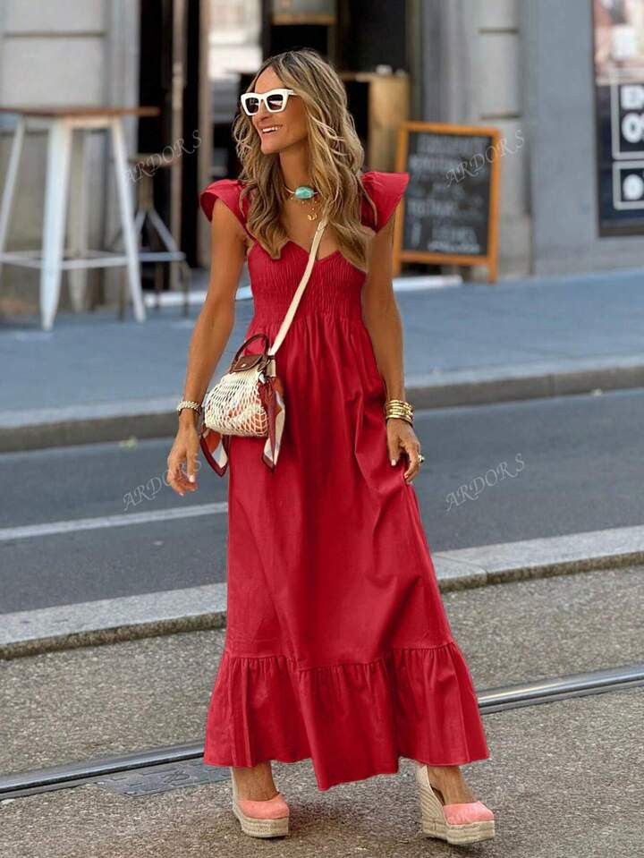 Spring Outfits For Women Summer Outfits For Women Holiday Dress Red Fashion Casual Vacation Solid Color Simple Comfortable Strapless Dress Range Design Elegant Fly Sleeve Women's Long Dresses | SHEIN