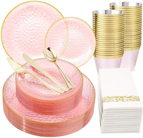 Rubtlamp 175 Pcs Pink Plastic Plates Dinnerware Set (25 Guests), Pink Disposable Plates With Gold... | Amazon (US)
