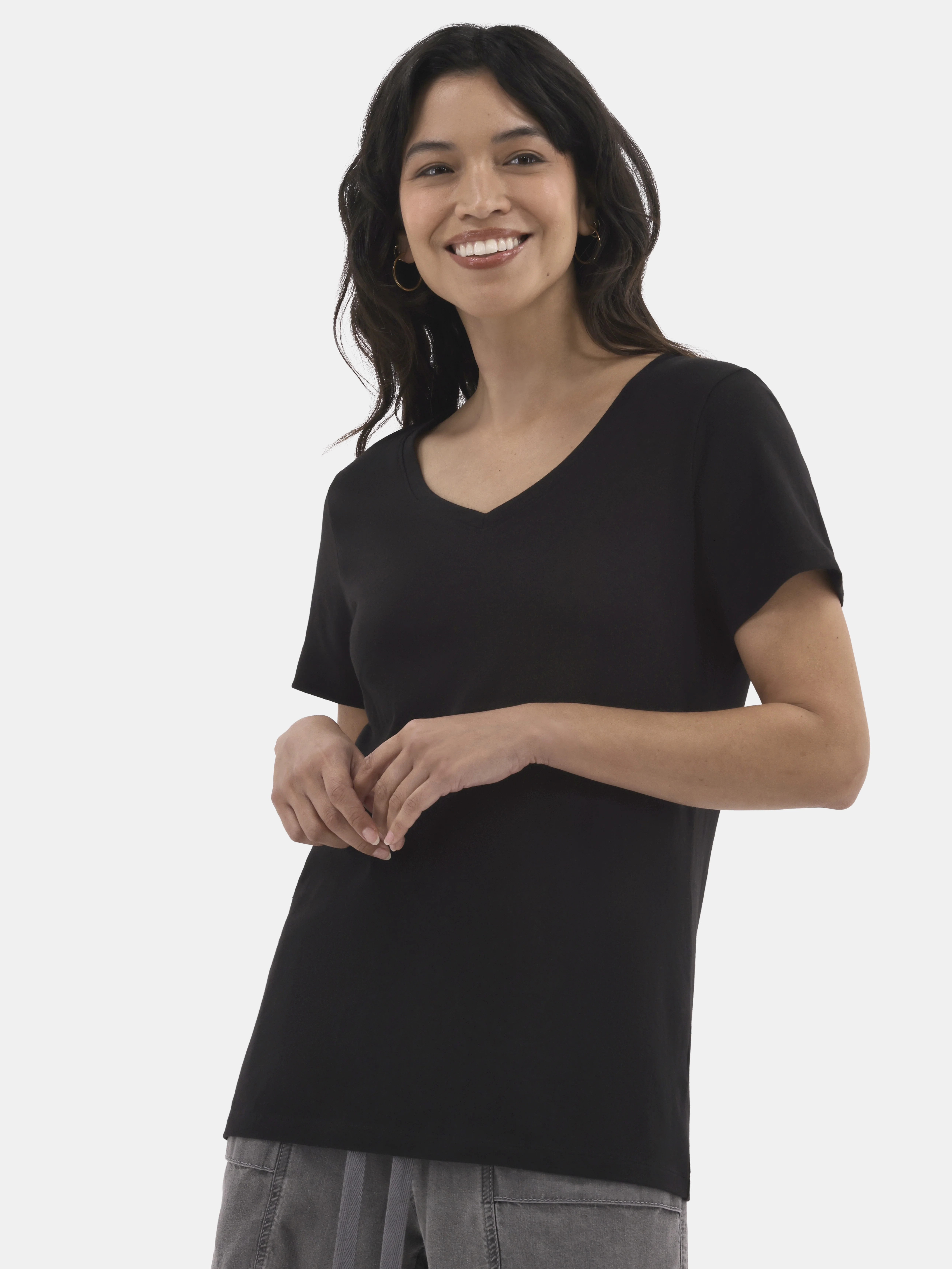 Time and Tru Women's Cotton V-Neck Tee with Short Sleeves, Sizes XS-XXXL | Walmart (US)