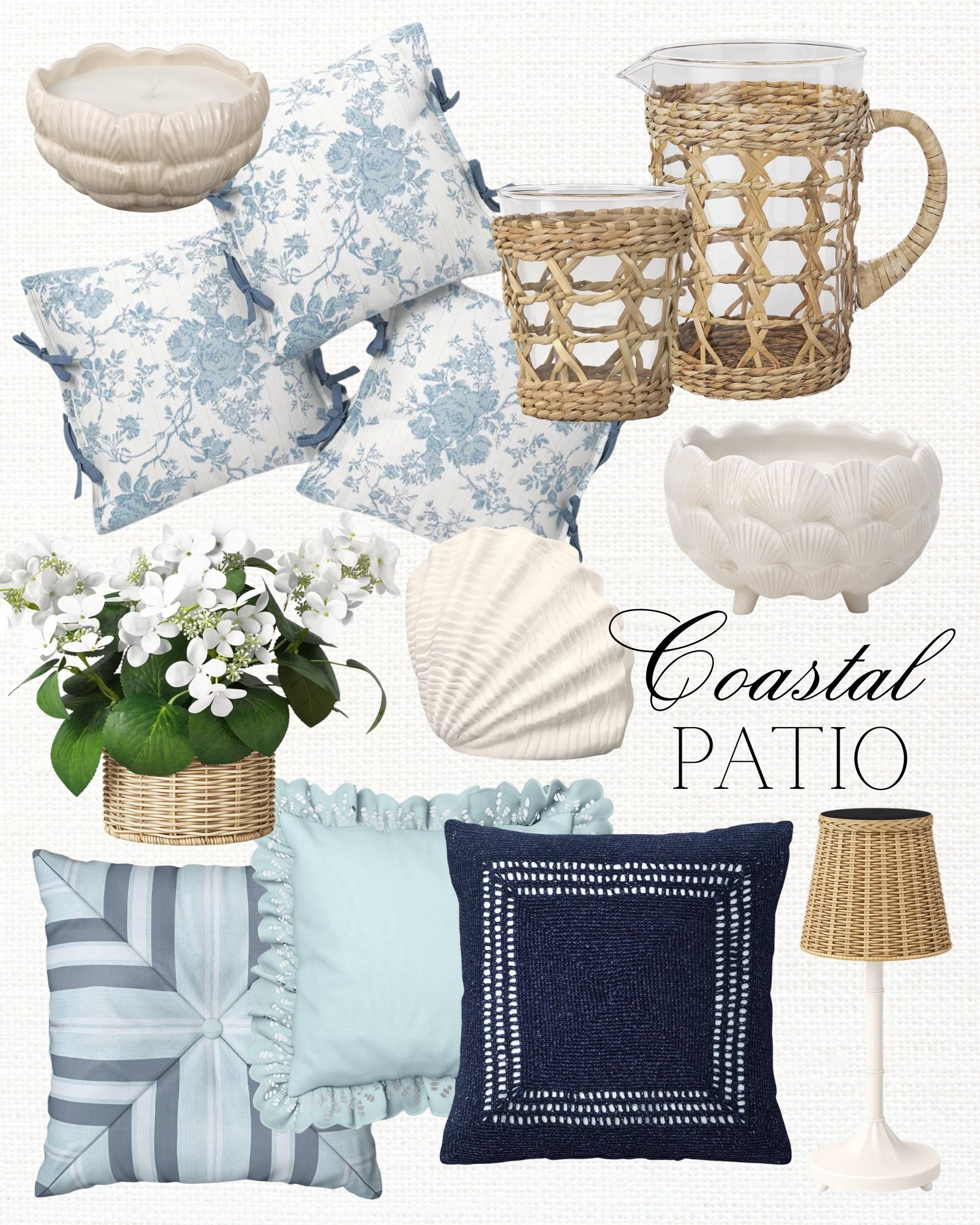 In LOVE with the new coastal outdoor patio collection!

coastal patio decor, coastal outdoor living, beachy home style, coastal grandmother aesthetic, blue and white decor, summer patio refresh, outdoor styling ideas, wicker and rattan decor, woven textures, neutral coastal tones, light and airy home, breezy outdoor space, patio inspiration, backyard oasis, elevated outdoor decor, classic coastal style, timeless home decor, soft blue accents, chinoiserie inspired pillows, floral blue pillows, striped outdoor pillows, textured throw pillows, scalloped decor, shell decor accents, ceramic shell bowl, coastal centerpiece ideas, patio table styling, outdoor entertaining essentials, summer hosting decor, fresh hydrangea arrangement, faux hydrangeas, coastal florals, woven pitcher and cups, rattan drinkware, outdoor dining aesthetic, cozy patio vibes, layered textures home, Serena and Lily inspired, Nancy Meyers aesthetic, Hamptons style decor, casual elegant outdoor space, chic backyard ideas, curated home finds, LTK home finds, LTK patio decor, affordable coastal decor, neutral home palette, calming home aesthetic, relaxing outdoor retreat, cottage coastal style, feminine home decor touches, elevated everyday living, home styling inspiration, summer home refresh, indoor outdoor living, curated patio look

#LTKHome