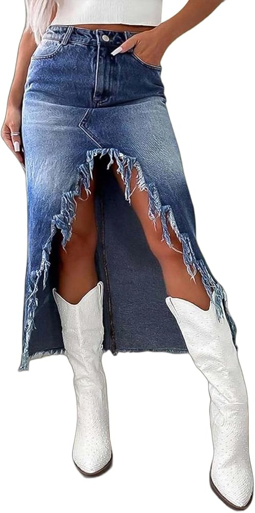 Flamingals Jeans Skirt for Women High Waist Vintage Straight Raw Hem Split Asymmetrical Long Penc... | Amazon (US)