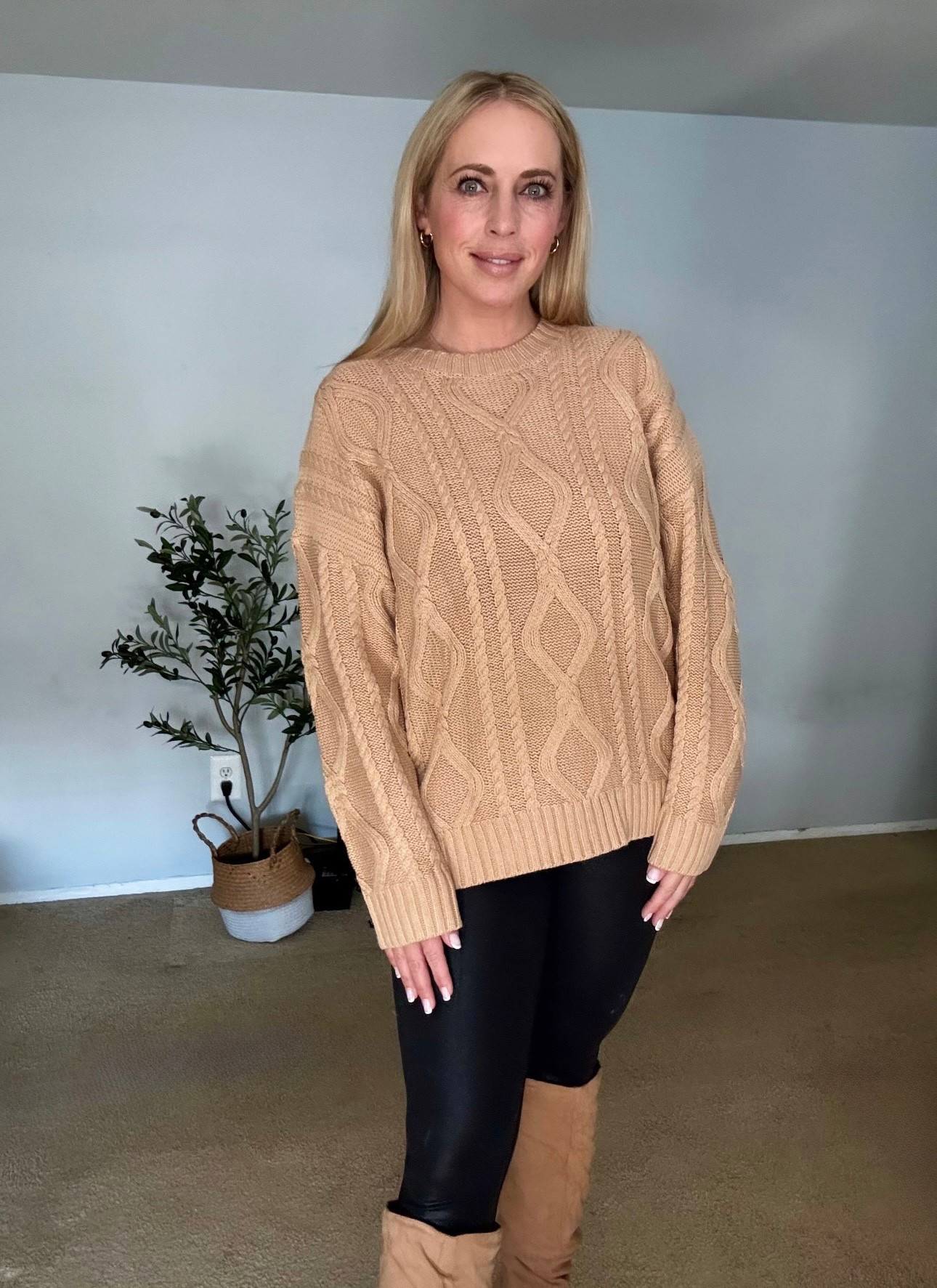 Neutral fall outfit. Wearing L in cable knit sweater, XL in leggings and 9.5 in boots. 

#LTKFindsUnder50 #LTKSeasonal #LTKMidsize