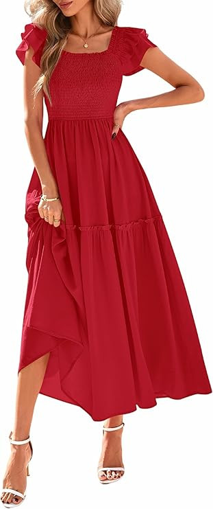 KIRUNDO Smocked Summer Dresses for Women 2026 Wedding Guest Midi Flowy Ruffle Short Sleeve Square... | Amazon (US)