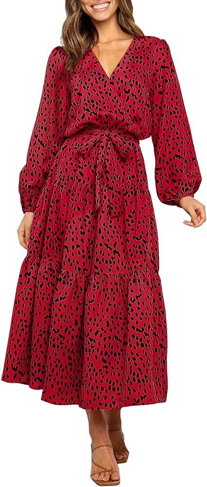 MITILLY Women's Boho Leopard Print Ruffle Long Sleeve V Neck Casual Flowy Party Maxi Dress | Amazon (US)