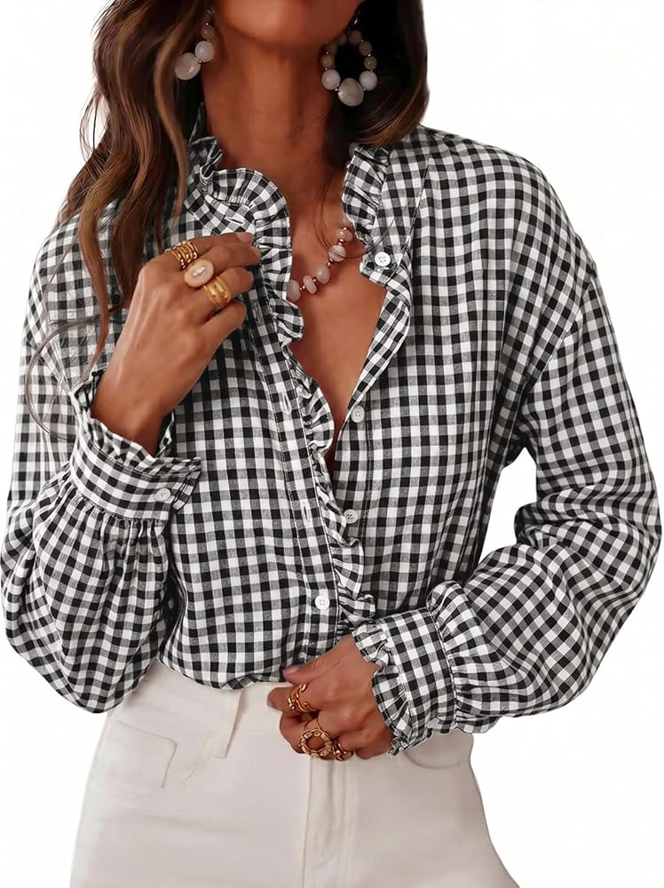 Cicy Bell Womens Plaid Shirts Ruffle Puff Long Sleeve V Neck Gingham Tops | Amazon (US)