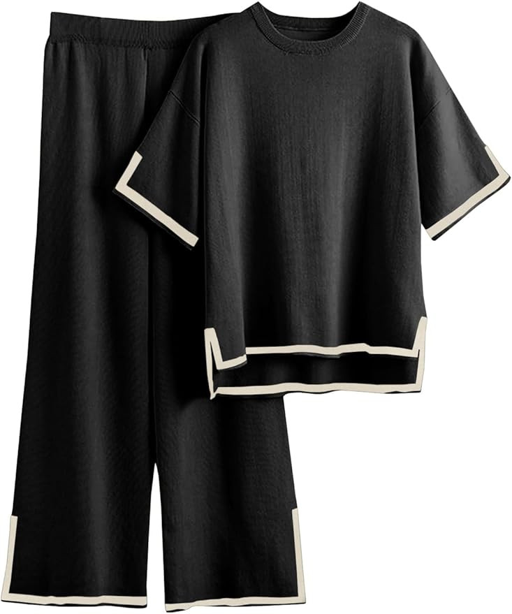 Fisoew Womens 2 Piece Outfits Sweater Set Short Sleeve Pullover Tops Wide Leg Pants Matching Set ... | Amazon (US)