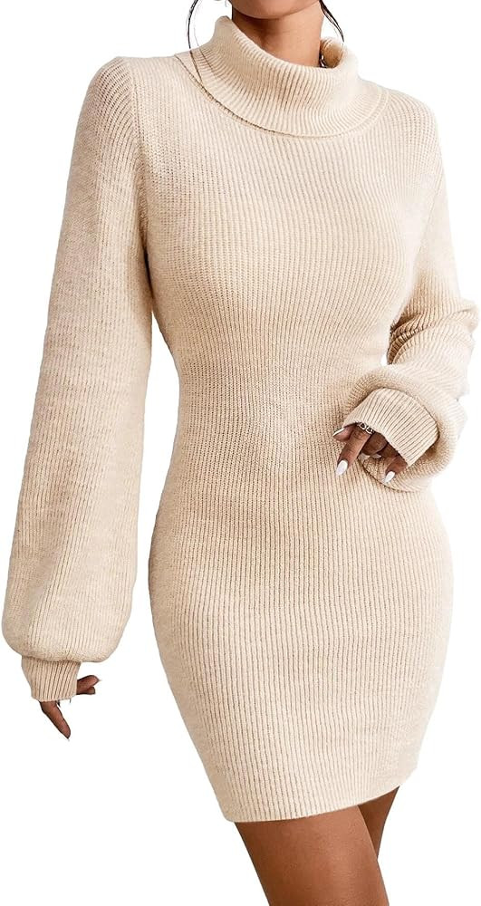 Turtleneck Sweater Dress for Women Lantern Sleeve Bodycon Pullover Mini Sweater Dress Stretchable... | Amazon (US)