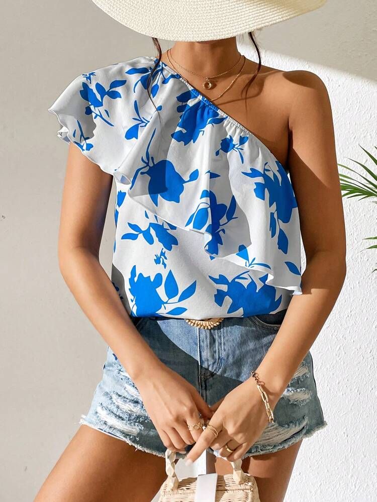 SHEIN VCAY Floral Print One Shoulder Blouse | SHEIN