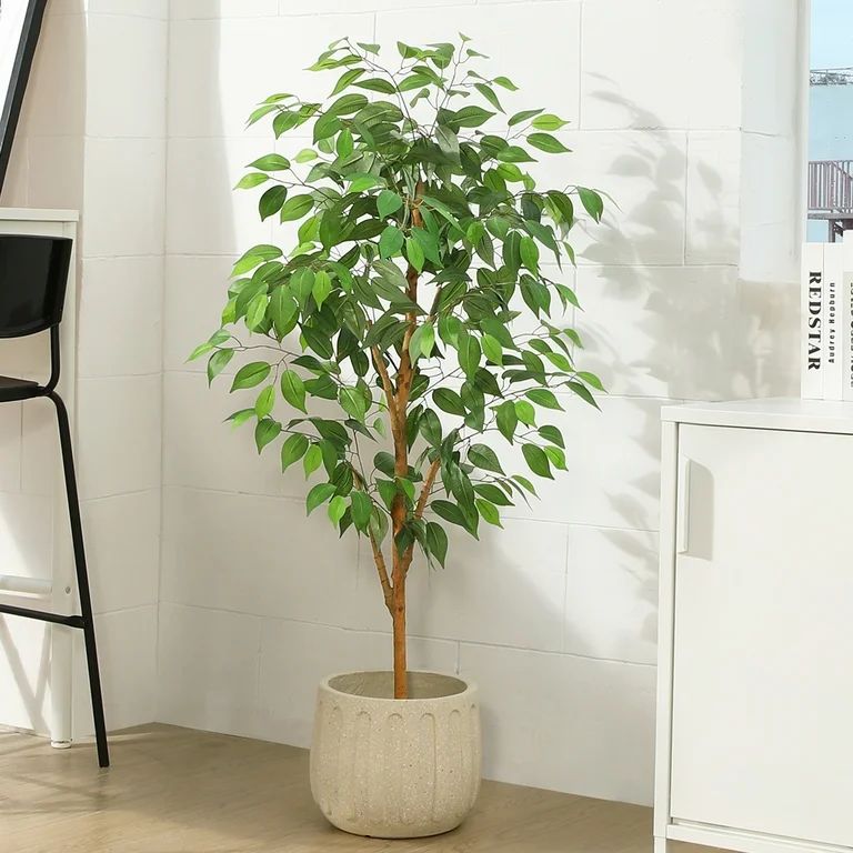 4FT Artificial Ficus Tree with Natural Wood Trunk and Lifelike Leaves, Silk Fake Potted Tree with... | Walmart (US)