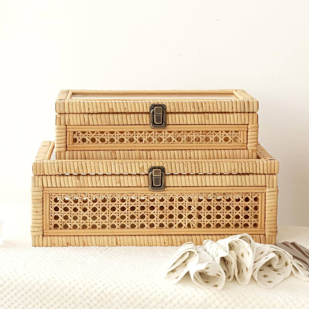 Rattan and Cane Stacking Boxes with Glass Top Lid - Set of 2 for Boho, and Rustic Farmhouse Decor | Amazon (US)