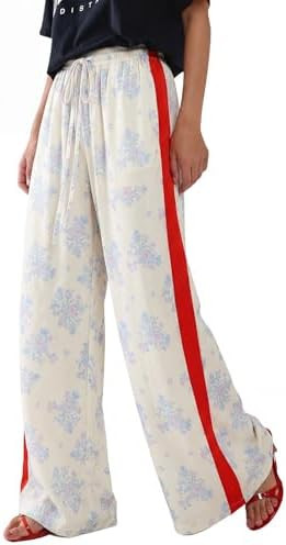 Women's Casual Pants Drawstring Leopard Print Color Block Side Striped Straight Leg Wide Leg Loos... | Amazon (US)