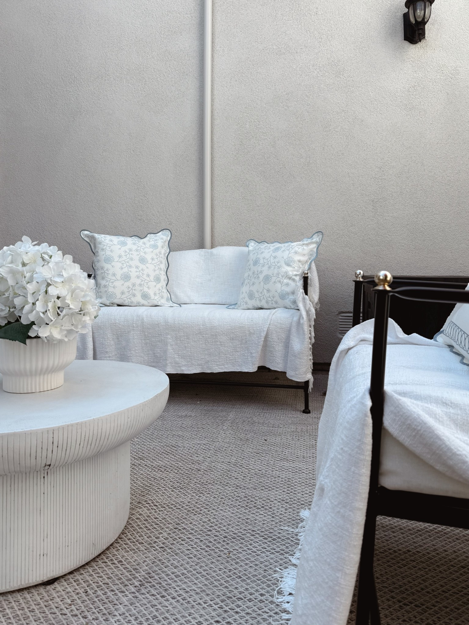 White outdoor furniture, aesthetic outdoor furniture, small patio decor, blue floral outdoor pillows

#LTKHome #LTKSummerEdit #LTKSeasonal