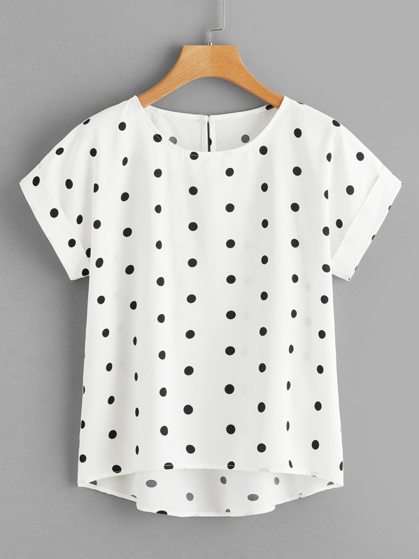 Rolled Sleeve Dip Hem Polka Dot Blouse | SHEIN