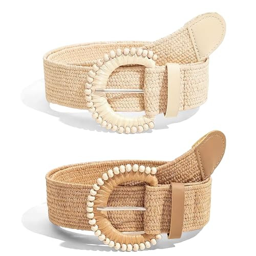 SUOSDEY 2 Pack Straw Woven Elastic Belt Braided Stretch Wide Belt for Women Dress | Amazon (US)