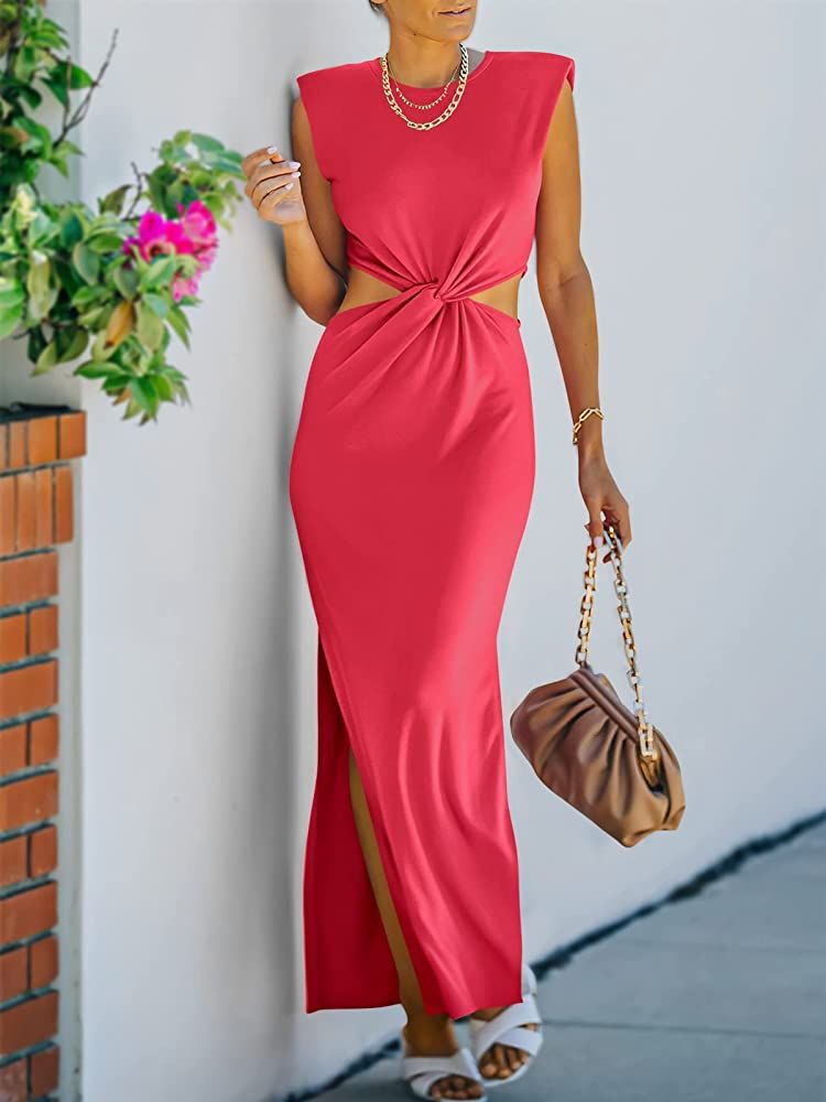 ANRABESS Women Summer Sleeveless Padded Shoulder Cutout Twist Elegant Slim Fit Maxi Dress with Slit | Amazon (US)