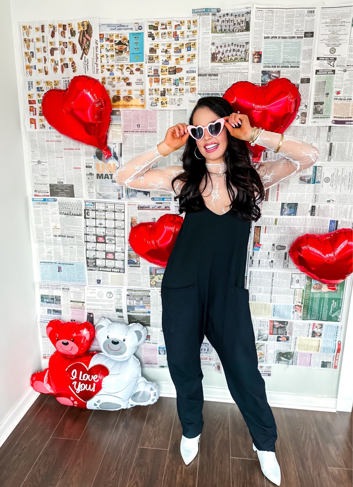 Under $20 amazon super soft casual jumpsuit (small, 5+ colors), under $20 amazon top (small, multiple colors), under $10 amazon heart sunglasses and under $35 amazon white pointed toe booties (tts) #founditonamazon 

#LTKsalealert #LTKfindsunder50 #LTKSpringSale