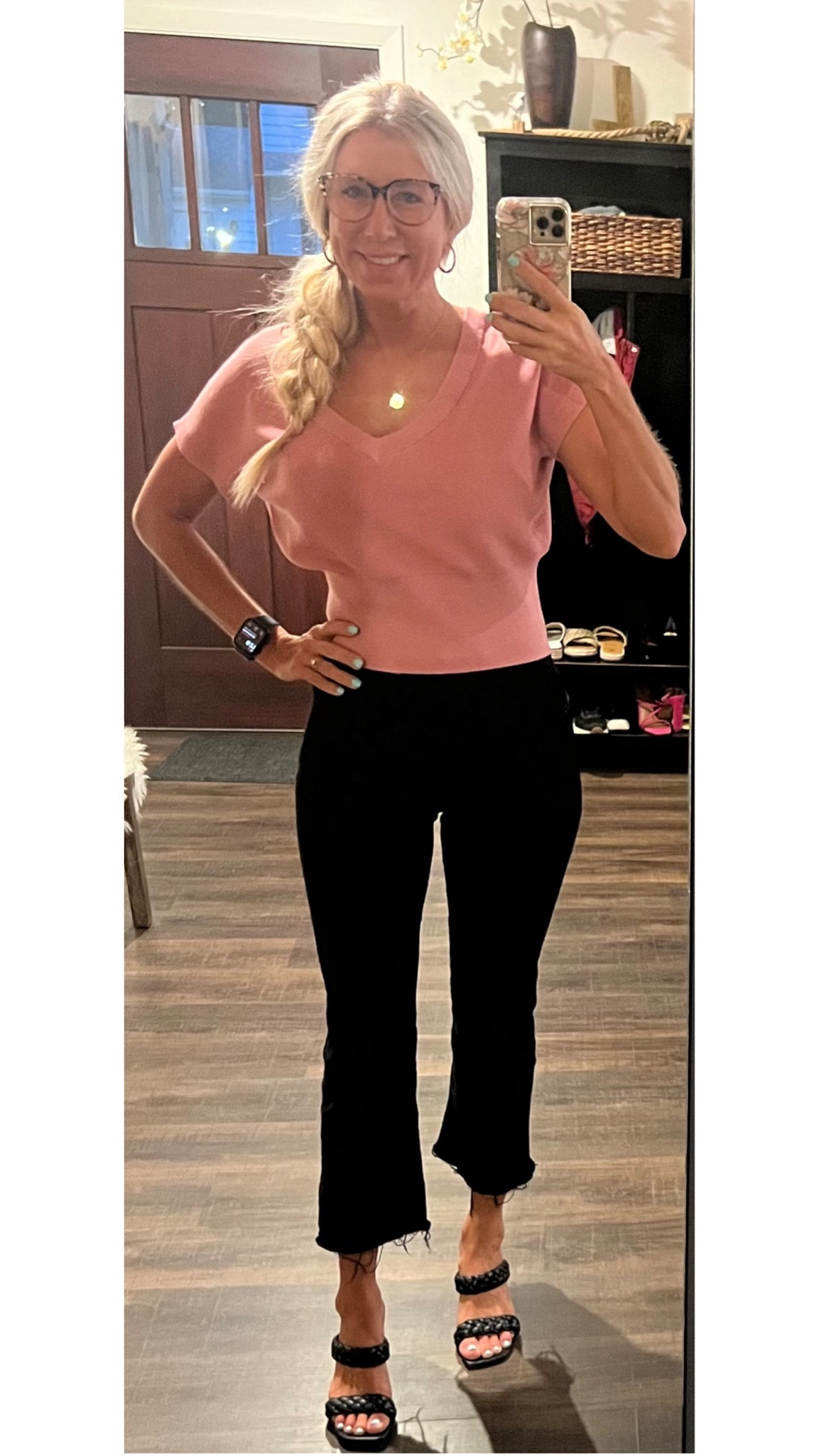 Pink sleeveless sweater and cropped jeans! Perfect for a casual work day.