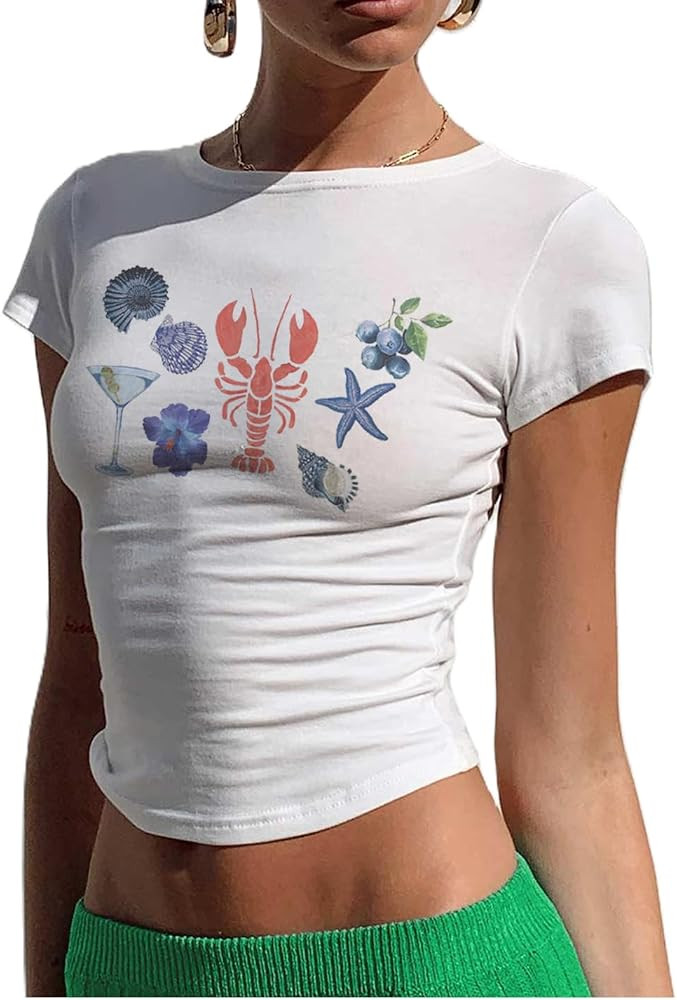 Y2k Flower Graphic Summer Beach Baby Tee Tops for Women Teen Short Sleeve Vintage T-Shirt Coastal... | Amazon (US)