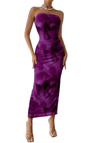 PRETTYGARDEN Women's Summer Maxi Bodycon Dresses Strapless Tube Top Printed Long Party Club Slit Dress (Floral Purple,Large) | Amazon (US)