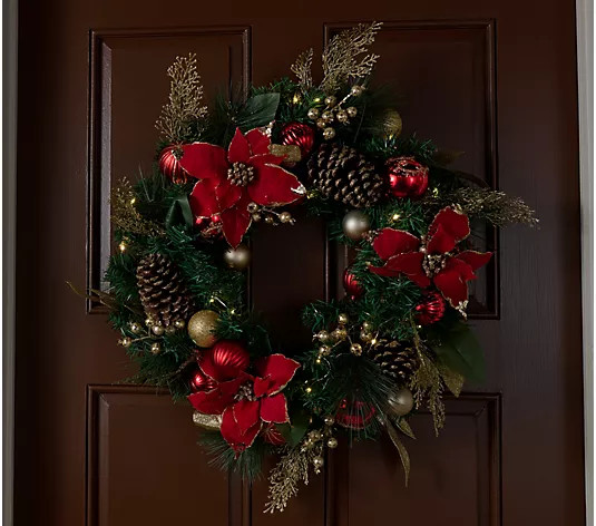 Home Reflections 24" Lit Poinsettia Ornament Wreath - QVC.com | QVC